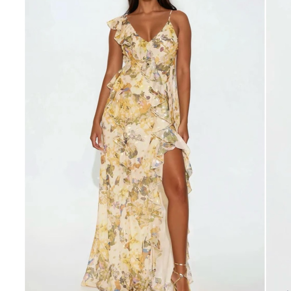 NEW Fashion Nova Asymmetrical Floral Dress - Cream and Yellow